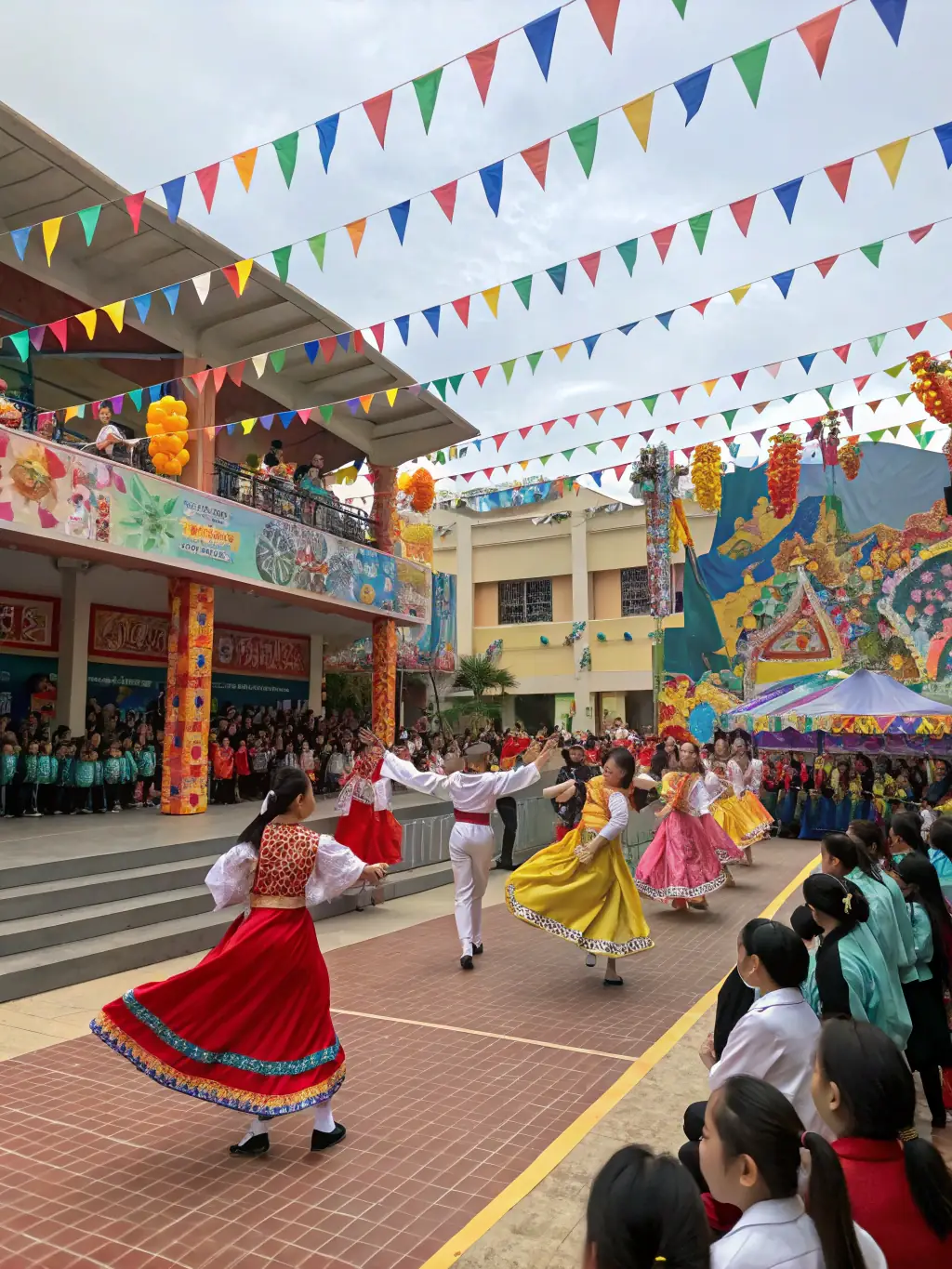 A diverse group of people participating in a community cultural festival, showcasing traditional music, dance, and local crafts, representing AOL's cultural and social activities.
