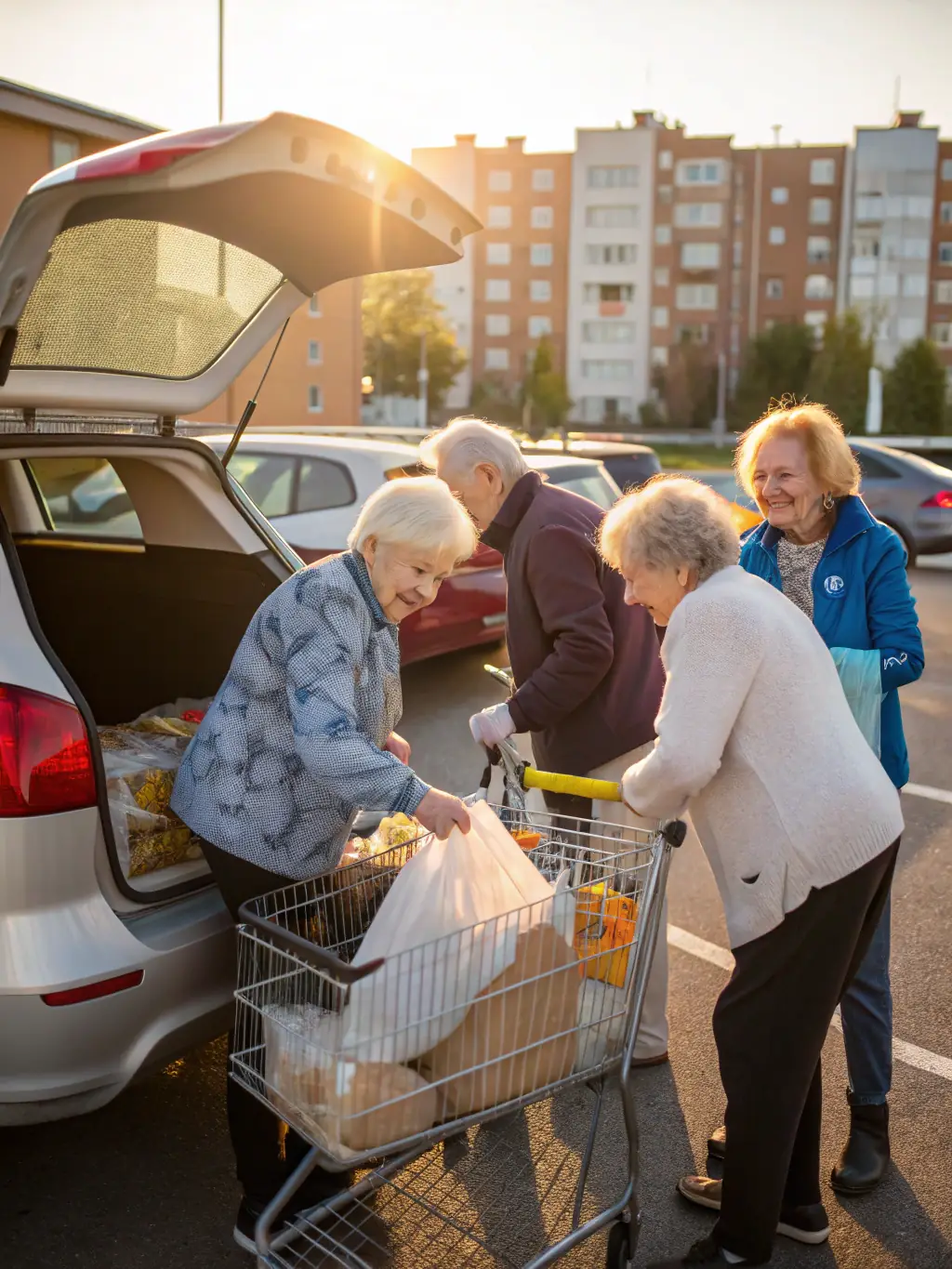 Volunteers assisting seniors with various tasks such as grocery shopping and home maintenance, illustrating AOL's humanitarian aid and support for vulnerable groups.