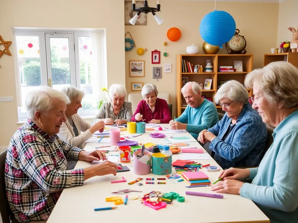 Seniors participating in a social activity, such as a group exercise or a crafting session, in a comfortable and supportive environment.