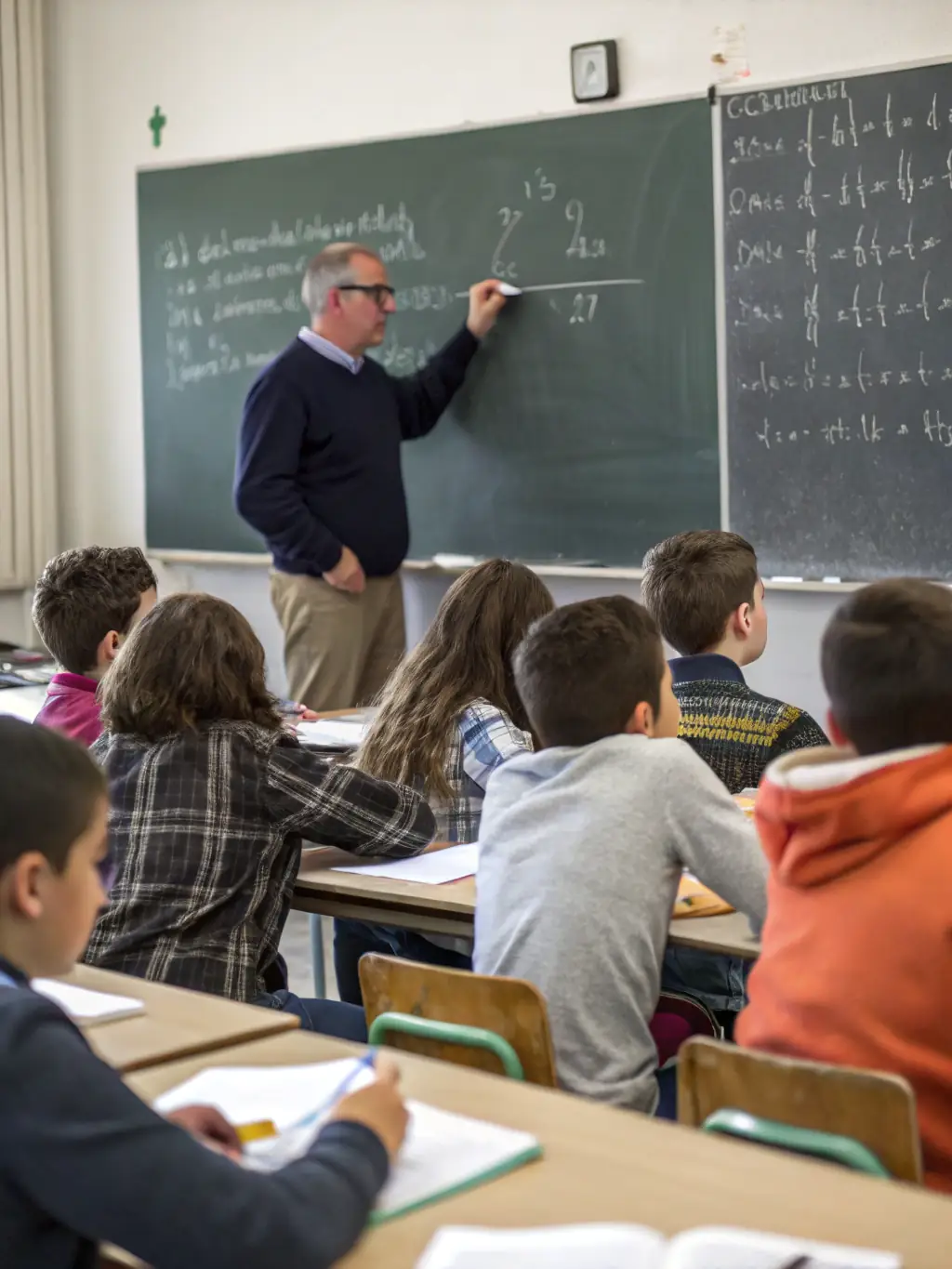 A group of students participating in a tutoring session, focusing on math problems, in a brightly lit classroom setting, symbolizing AOL's educational support programs.