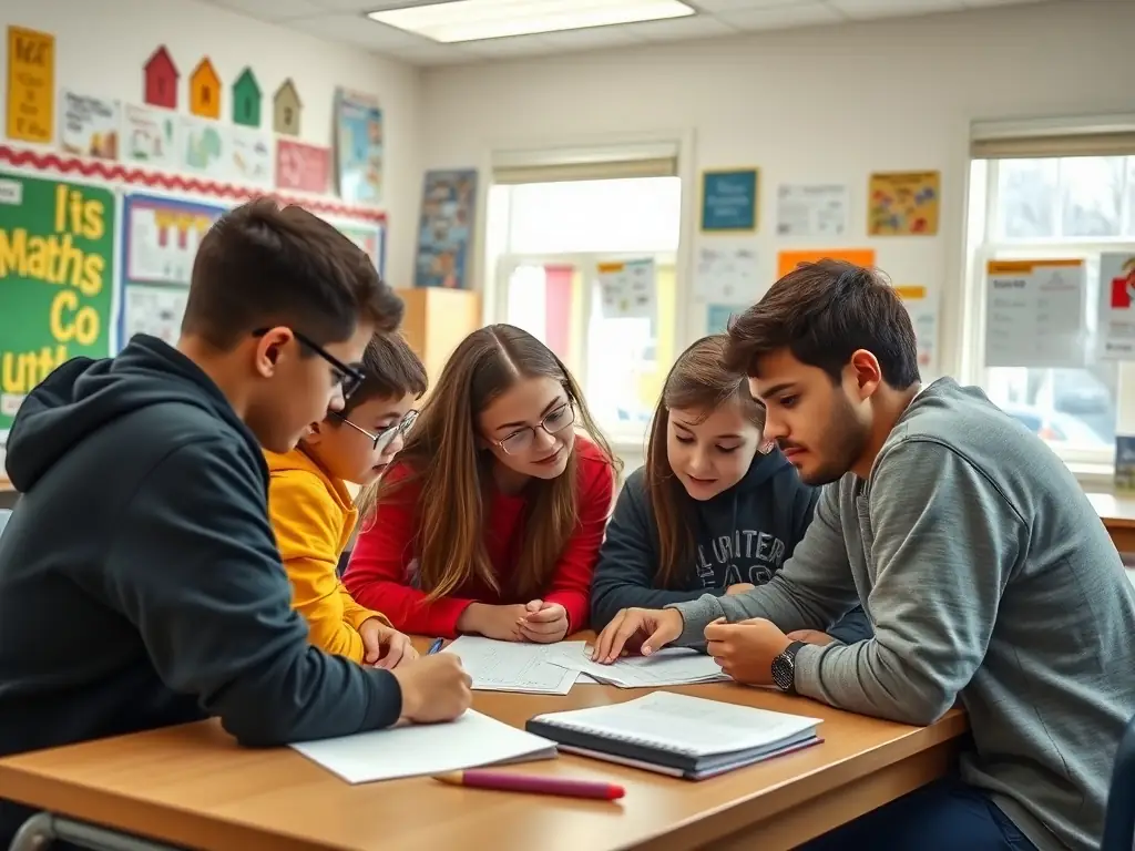 An image showing a group of students participating in a classroom activity with a volunteer tutor, focusing on collaborative learning and mentorship.