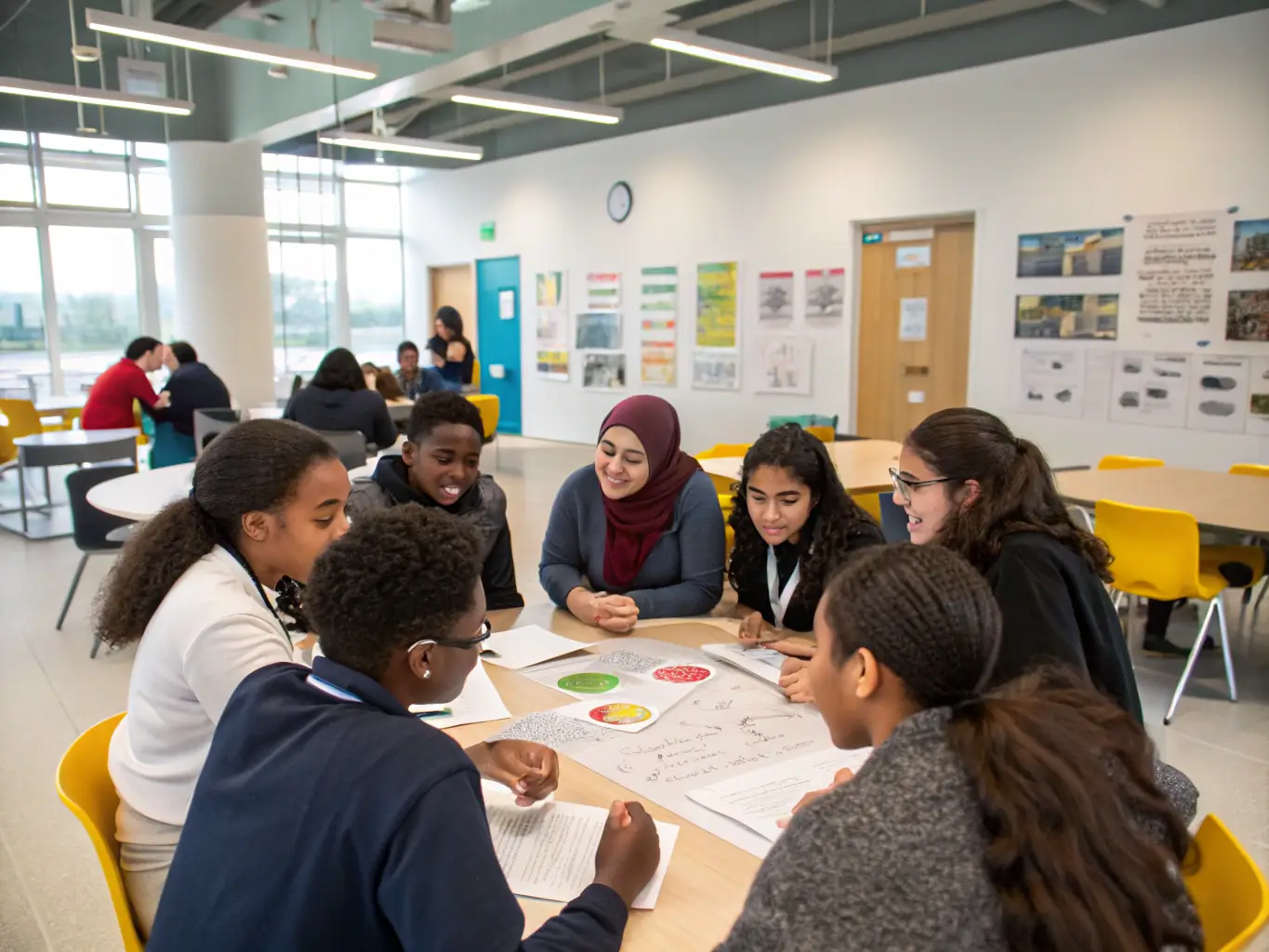 A group of students participating in a tutoring session, with a focus on collaborative learning and academic support, set in a brightly lit classroom.