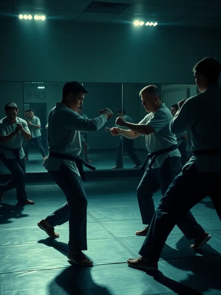 A group of B.N.S. members practicing Savate techniques in a well-lit training hall, showcasing footwork and hand strikes.