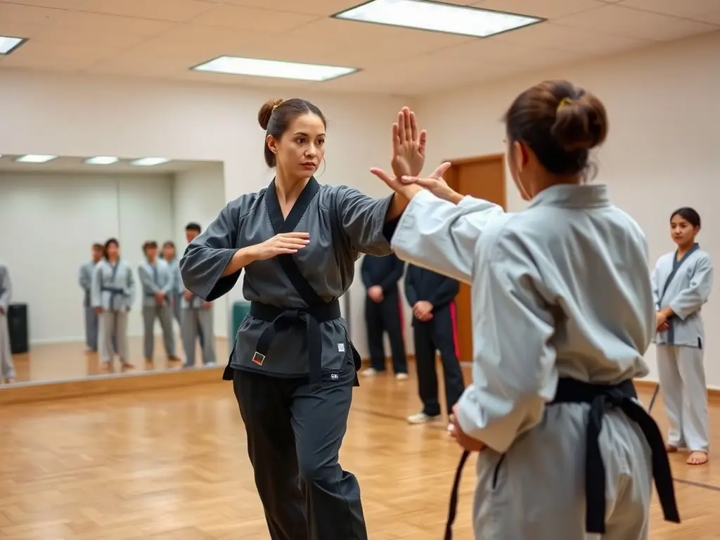 A focused image of a B.N.S. Boxe Nantaise Savate instructor leading a specialized class, demonstrating advanced Savate techniques and providing personalized guidance to participants.