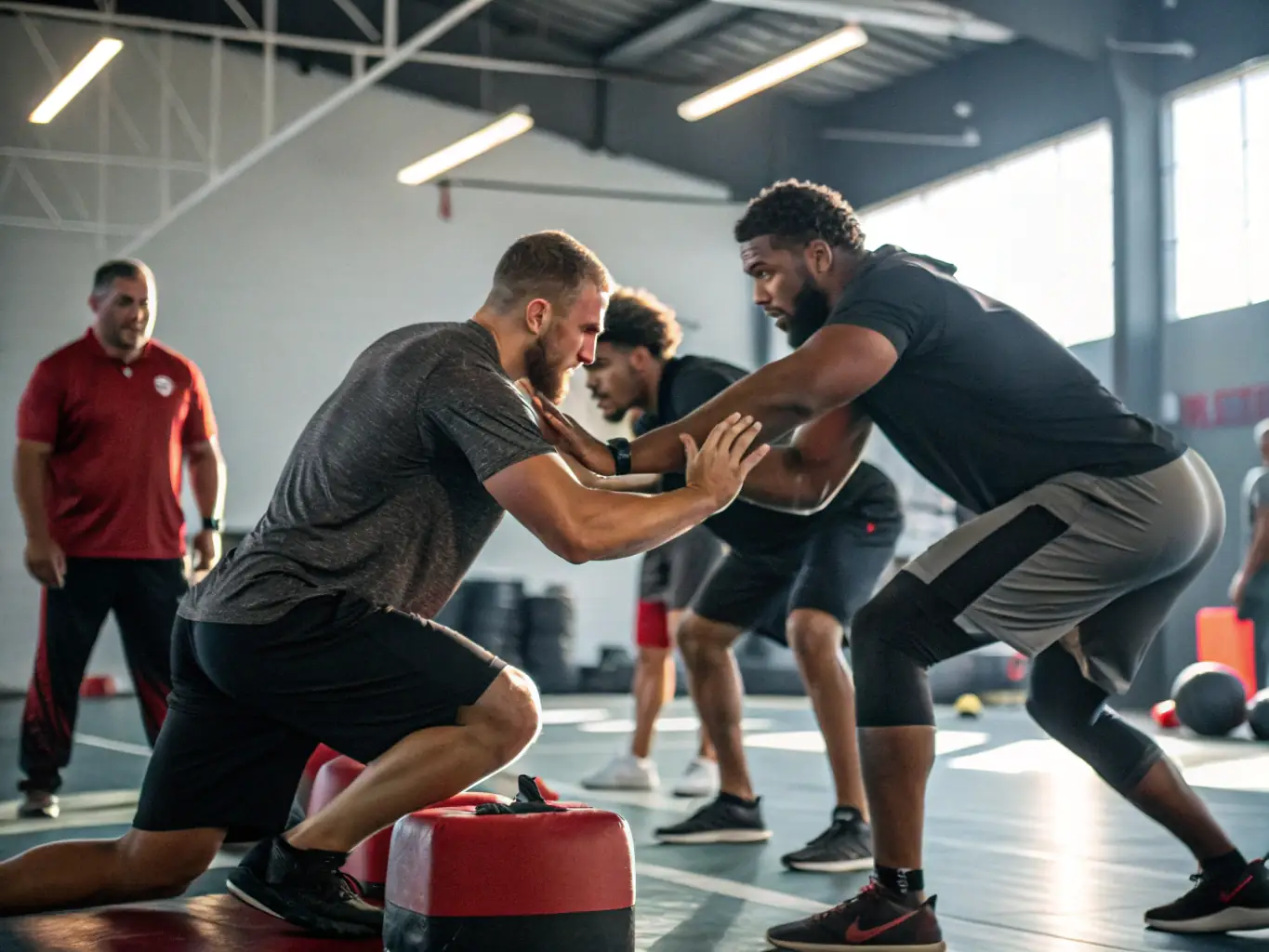 A group of B.N.S. members training together in a well-lit gym, showcasing the camaraderie and teamwork fostered within the club.