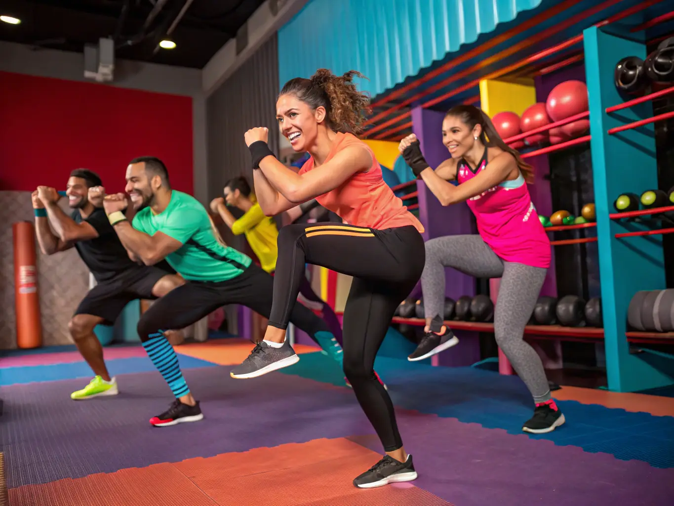 A dynamic action shot of B.N.S. Boxe Nantaise Savate members engaged in a Savate training session, showcasing footwork and striking techniques in a well-lit gym setting.