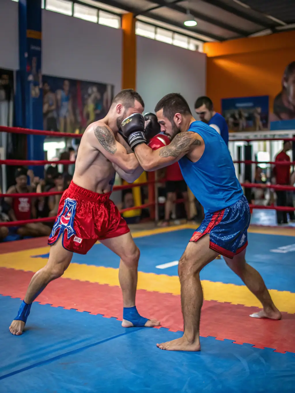 B.N.S. members participating in a sparring session, wearing protective gear and demonstrating controlled aggression.