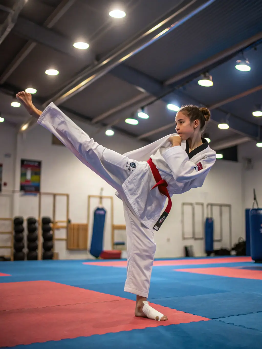 A B.N.S. instructor demonstrating a specific Savate kick technique to a student, emphasizing proper form and balance.