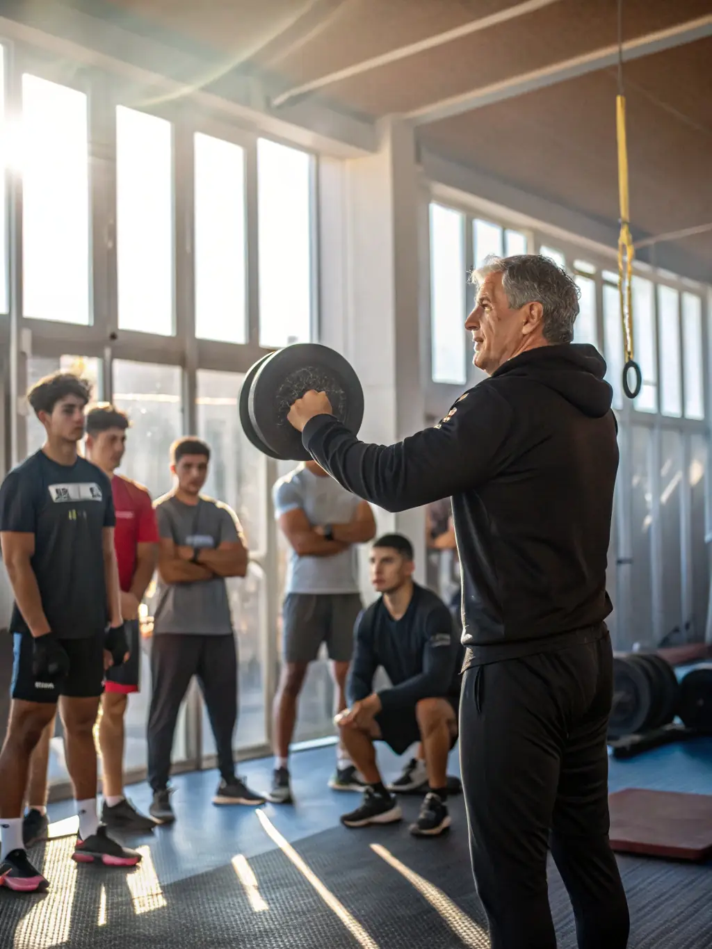 A B.N.S. coach leading a fitness and conditioning session, with members performing various exercises to improve strength and endurance.
