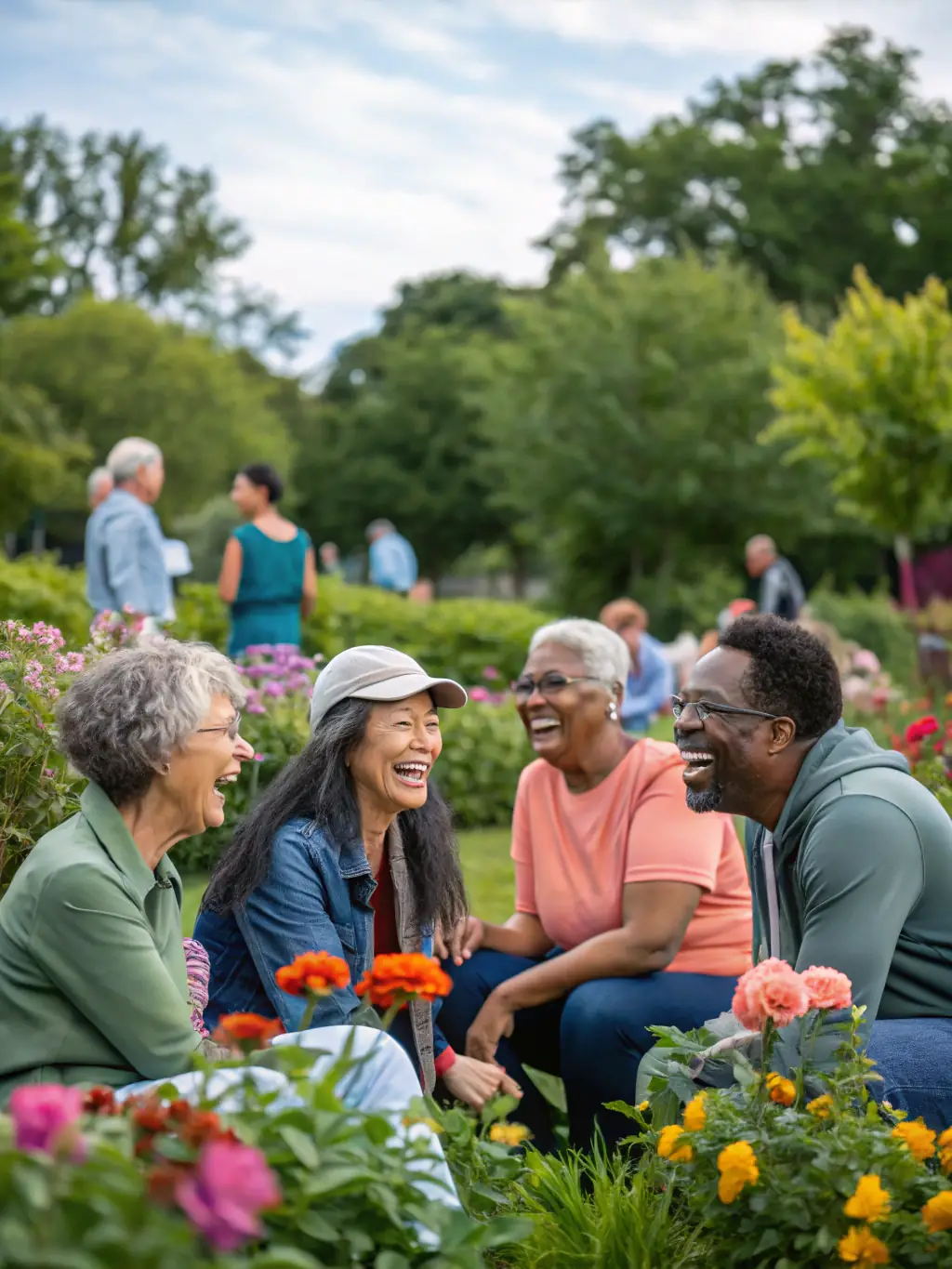 A photo of a community event at Sentier des Daims, showing people of different ages interacting and enjoying themselves.