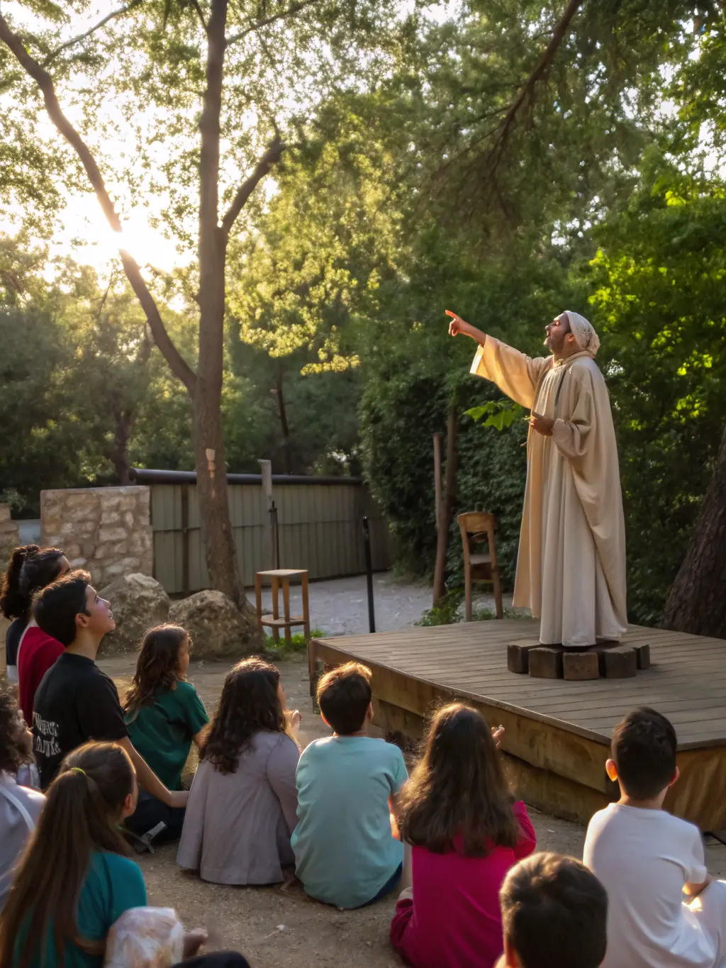 A vibrant image of a storyteller surrounded by children, with natural scenery in the background, illustrating an outdoor storytelling session at ASS LES AMIS DES CONTES ET LEGENDES.