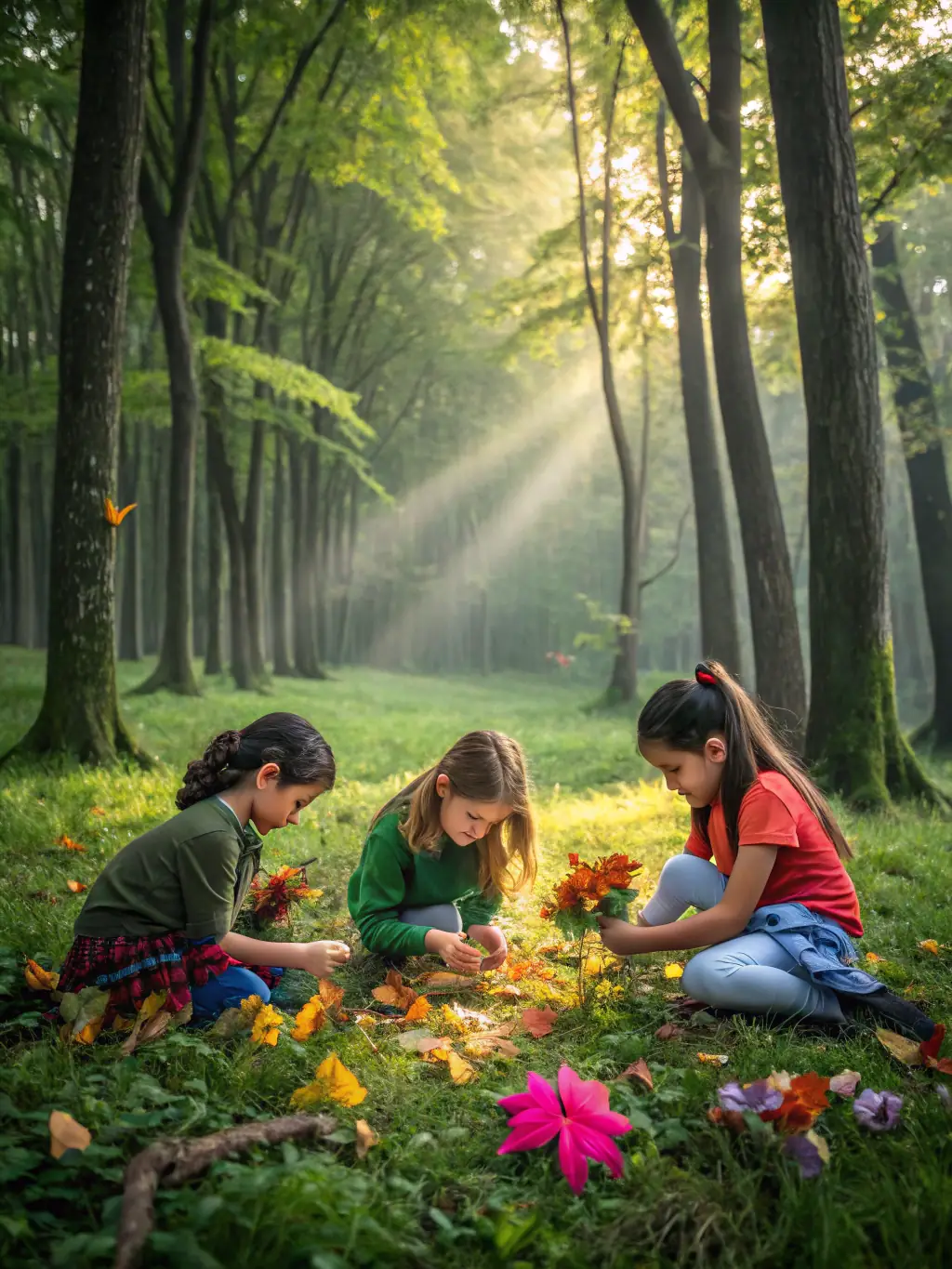 An image of participants creating art using natural materials found in the Sentier des Daims, showcasing creativity and environmental awareness.