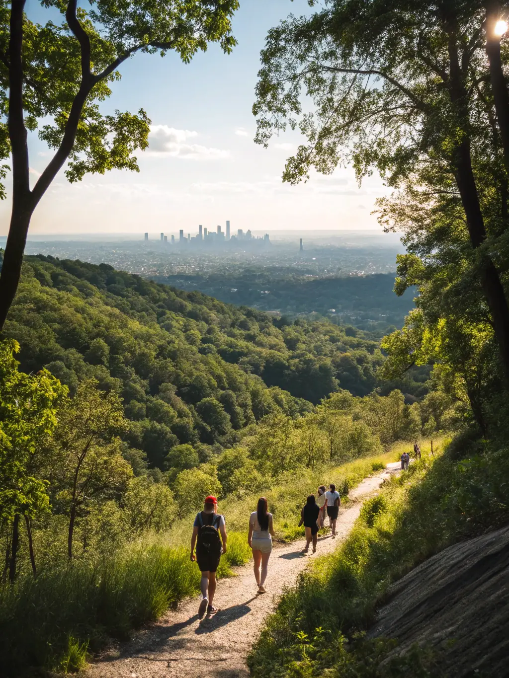 A photograph of a guided tour group exploring the Sentier des Daims, with a focus on the natural and cultural heritage of the area.