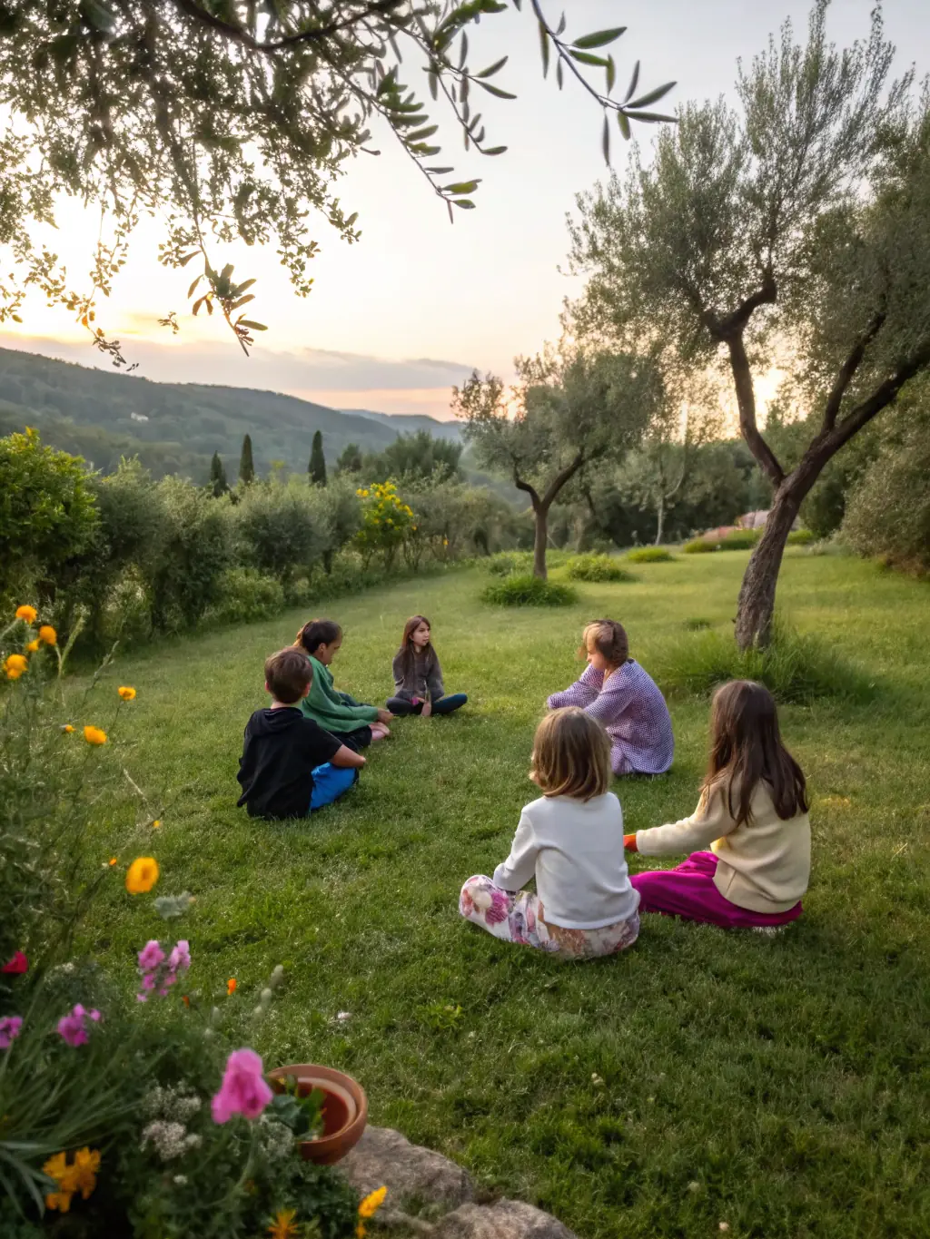 A group of children sitting in a circle outdoors, listening attentively to a storyteller dressed in traditional garb, set against the backdrop of the Sentier des Daims.
