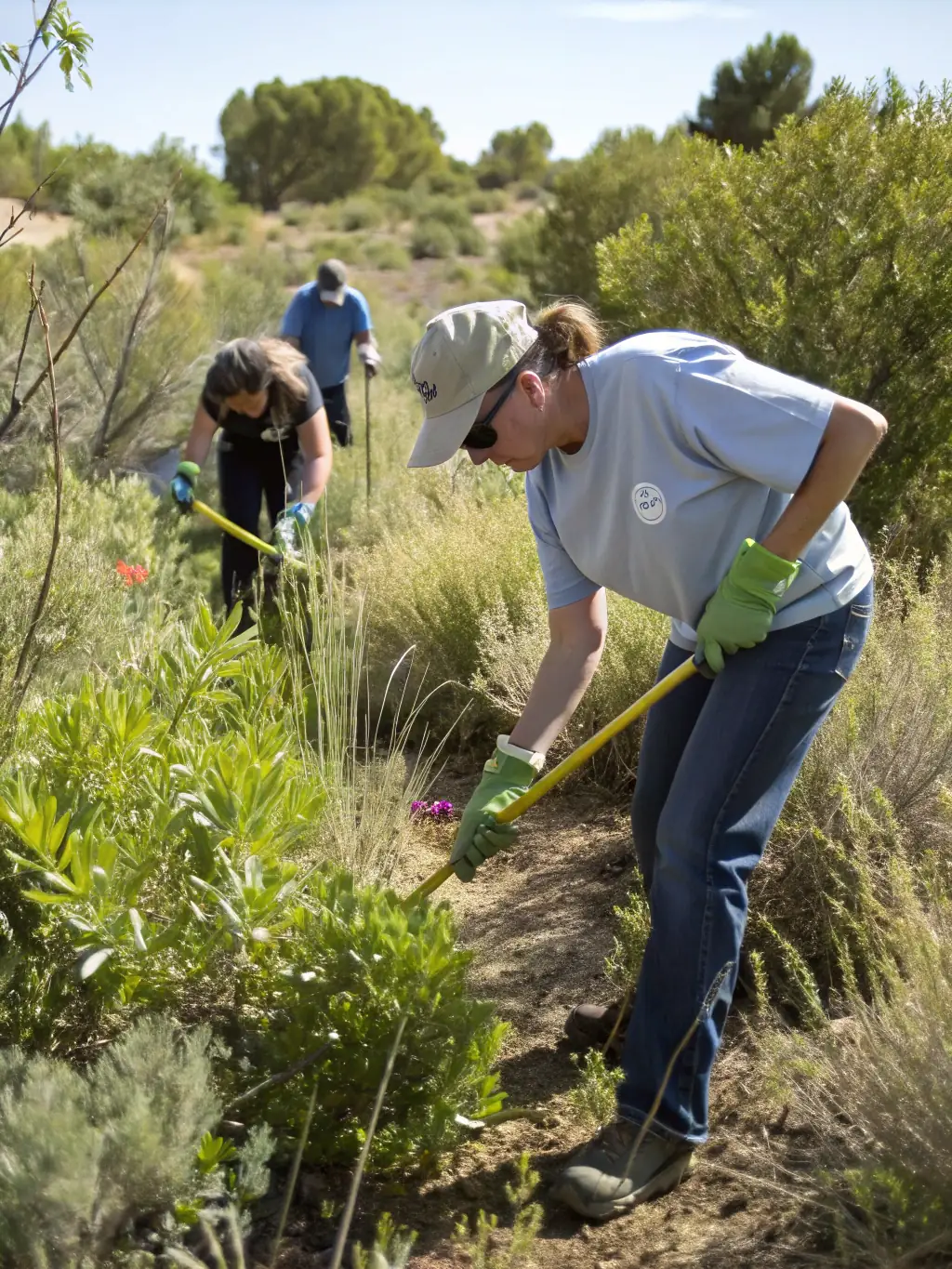 A picture of volunteers working together to maintain and improve the Sentier des Daims, highlighting community involvement and environmental stewardship.