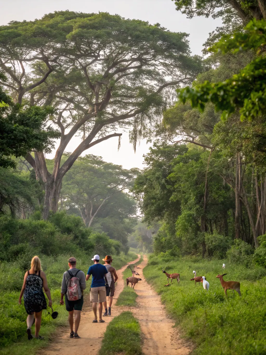 A group of participants walking along a forest trail, observing natural and historical features with a guide at the Sentier des Daims.